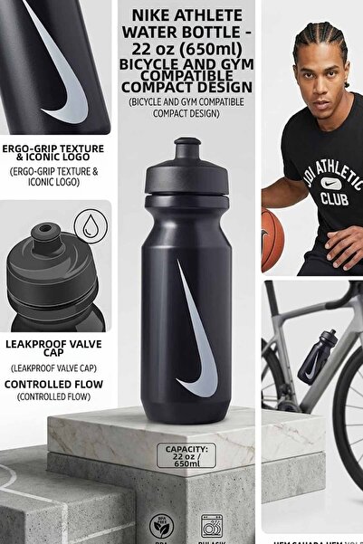Nike Swoosh Black Sports Water Bottle 22 oz / 650 ml - Squeezable Bicycle, Gy...