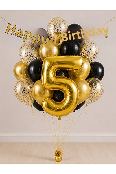 Balonsan -5- Golden Happy Birthday Banner Themed Balloon Bundle 15 Pieces