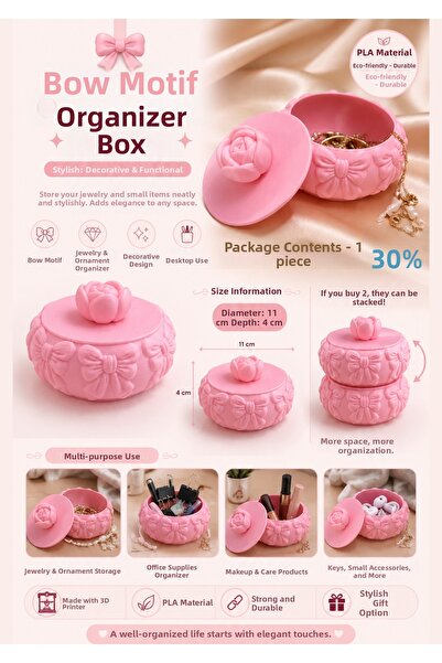 Mus3D Bow Motif Organizer Box - Plastic - 11 cm Diameter - 1 Pc