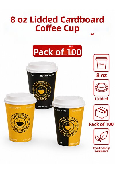 SB Ticaret Disposable Paper Cups with Lids 8 oz 100 Pieces Hot Drink Cups