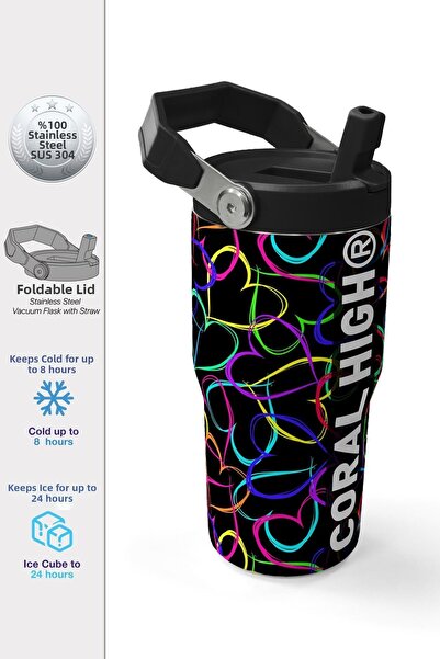 Coral High قارورة ماء سعة 600 مل مع مصاصة ومقبض مطبوع عليها قلب باللونين الأس...