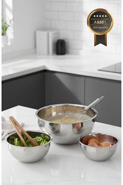Generic Brand 304 Stainless Steel 3-Piece Whisk & Mixing Bowl Set – 18/10, Deep, Without Lid