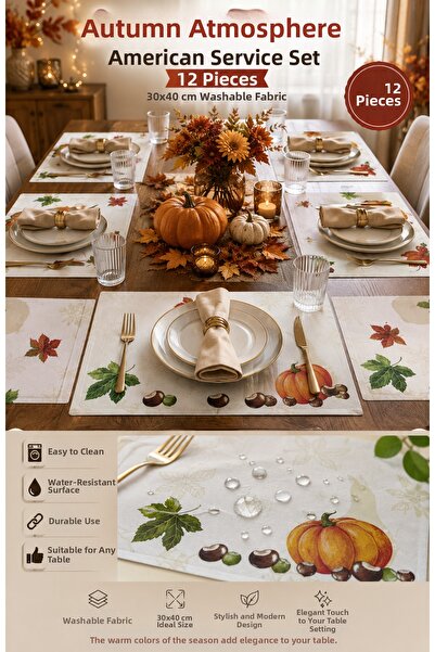izbul طقم أدوات مائدة أمريكي من 12 قطعة من Autumn Breeze مقاس 30x40 سم قماش ق...