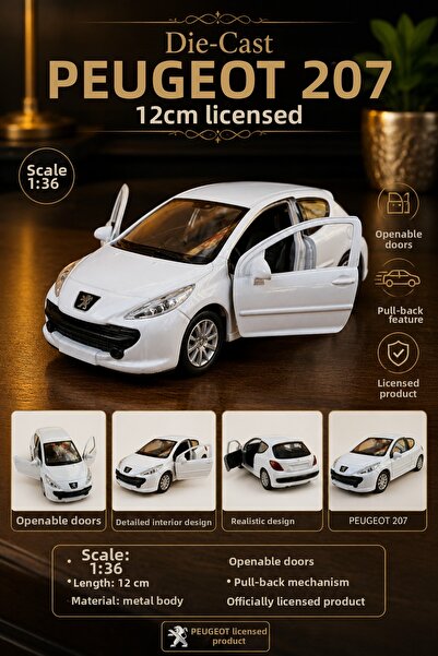 craftivio Peugeot 207 White Die-Cast Metal Model Car 1:36 Scale 12 cm Pull-Ba...