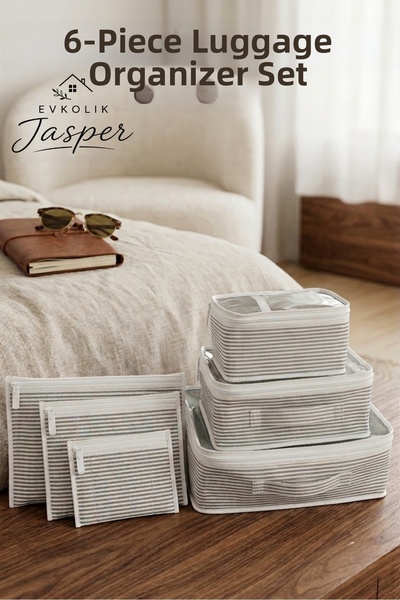 JASPER 6-Piece Suitcase Organizer Travel Bag Organizer Set with Zipper Gray Line