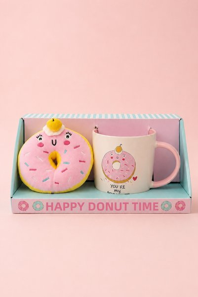 Archora Donut Patterned Plush Keychain Gift Porcelain Mug 350 ml