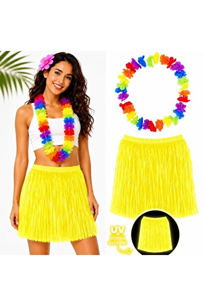 ArkhenX Neon yellow hawaiian skirt 40 cm and colorful hawaiian necklace