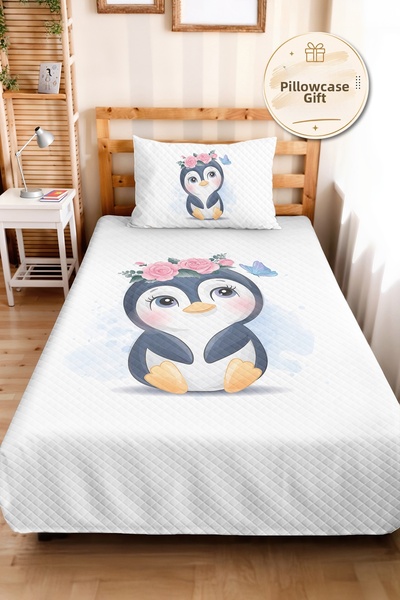 Evimde Bambaşka Cute Penguin Pastel Girl Decorative Pique Set - Floral Pink B...