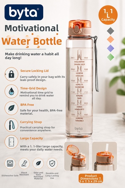 BYTA 1.1 L Motivational Water Bottle with Locking Lid, Tritan Water Bottle wi...