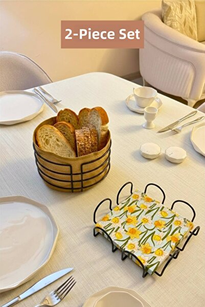 Edora Home Set of 2 Black Square Napkin Holders Round Bread Basket Kitchen Set