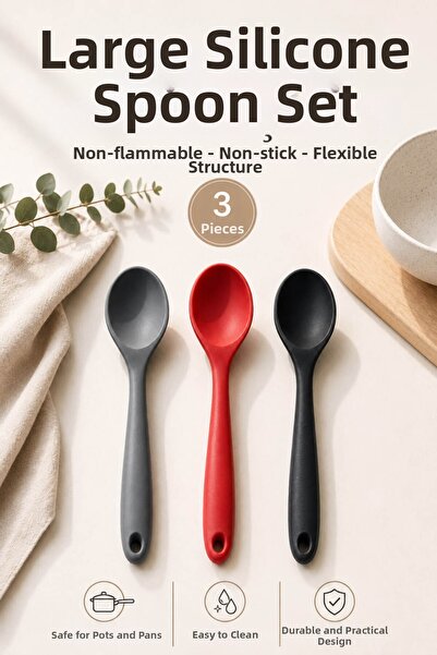Anadolu Saray 3-Piece Large Size Fireproof Non-Stick Silicone Spoon Set – Gra...