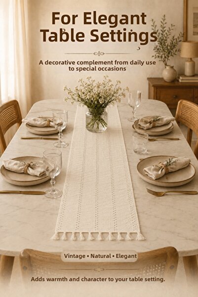 Morlay Vintage Knitted Runner with Tassels Natural Bohemian Tablecloth Decora...