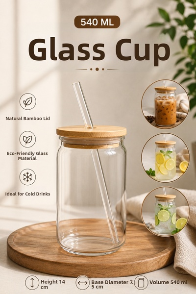 Tanemce Glass Cup with Straw and Bamboo Lid |   Cold Coffee, Bubble Tea, Lemo...