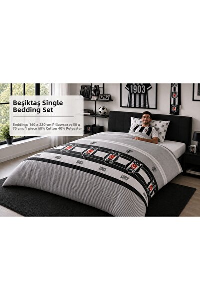 Beşiktaş Licensed Bandroll Single Duvet Cover Set (1 Duvet Cover + 1 Pillowca...