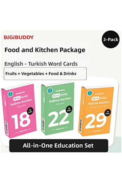Bigibuddy Wordsbuddy Turkish English Word Cards Foods and Kitchen 90 Cards Se...