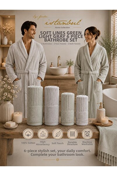 İyi Geceler İstanbul Soft Linen Family Bathrobe Set Green-Light Gray