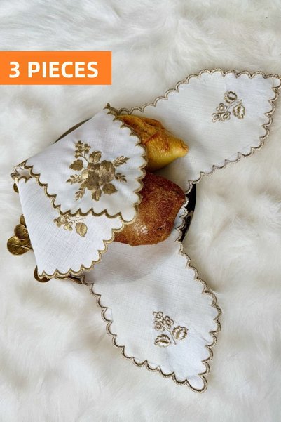 QBR Home مجموعة من 3 أغطية خبز مطرزة باللون الذهبي على شكل وردة