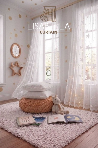 LisabellaHome Sky Tale White Star Pattern 1X3 Dense Pleated Stitched Knitted Tulle Curtain