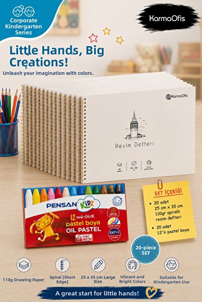 KarmaOfis Kurumsal Anaokul Picture Notebook and 12-Piece Pastel Crayon Set | ...