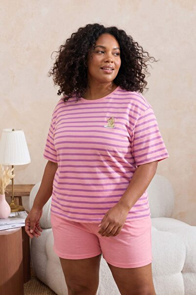 Trendyol Curve Μωβ-Πολύχρωμο Σετ Πιτζάμες με Ριγέ Πλεκτό Σχέδιο Σκύλου σε Μεγ...