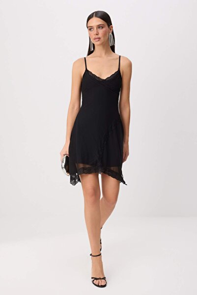 Trendyol Collection Black Strap Lace Detailed Knitted Mesh Short / Mini Lined...