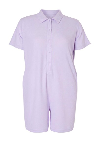 Trendyol Curve Purple Button Detailed Waffle Plus Size Jumpsuit Tbbss26Bg00007