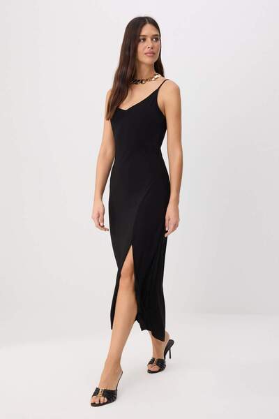Trendyol Collection Black Plain Thin Strap V-Neck Slit Detailed Midi Knitted ...