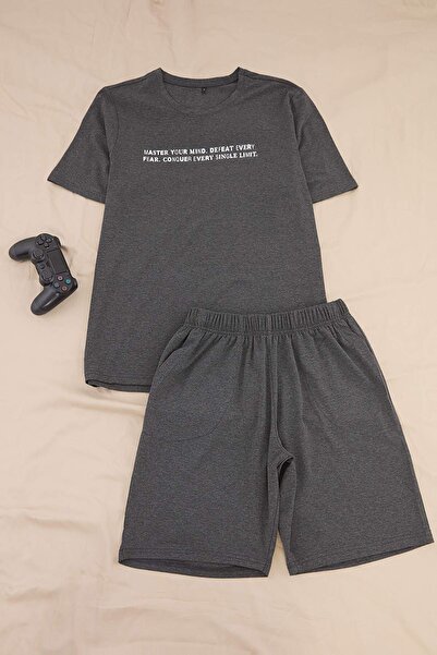 Trendyol Kollektion Anthrazitfarbenes, bedrucktes Sommer-Pyjama-Set aus 100 %...