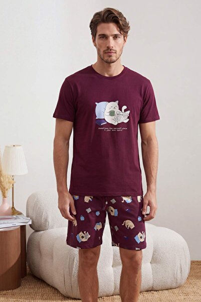 Trendyol Collection Set de pijamale tricotate de vară cu imprimeu cu pisici, ...