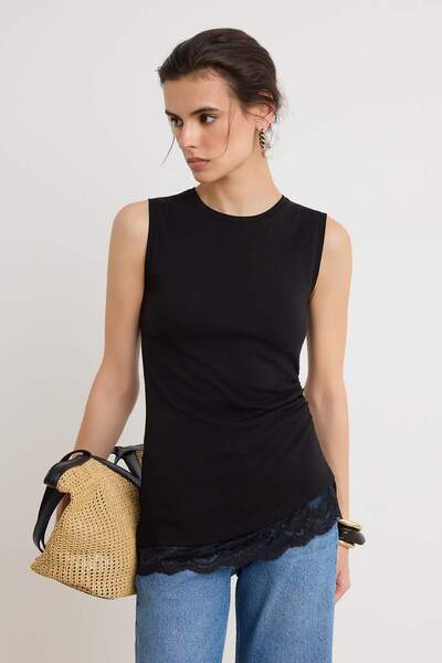 Trendyol Collection Black Plain Fitted/Body-Fitting Lace Detailed Asymmetrica...