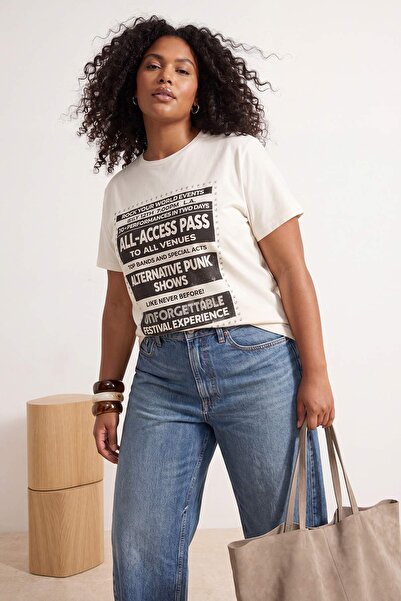 Trendyol Curve Ecru Trok & Print Detailed Oversized Knitted T-Shirt Tbbss26Bf...