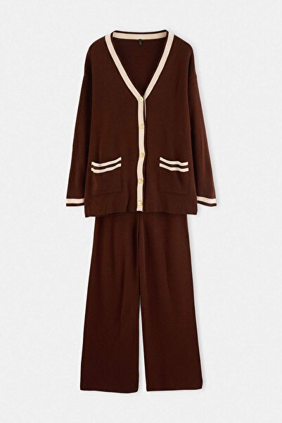 Trendyol Modest Brown Color Block Gold Button Pocketed Cardigan-Pants Knitwea...