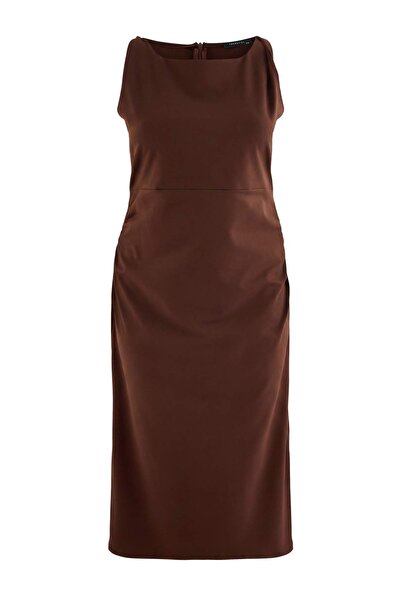 Trendyol Curve Brown Bodycon Square Neck Sleeveless Shirred Maxi Paper Touch ...