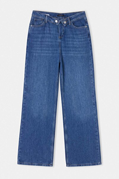 Trendyol Collection Blue Tencel Blended Waist Detailed Low Waist Wide Leg Jea...