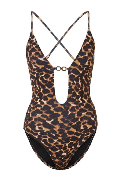 Trendyol Collection Leopard Patterned Deep V-Neck Covered Regular Swimsuit wi...