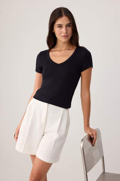 Trendyol Collection Black Plain Fitted/V-Neck Standard Sleeve Short Soft Knit...