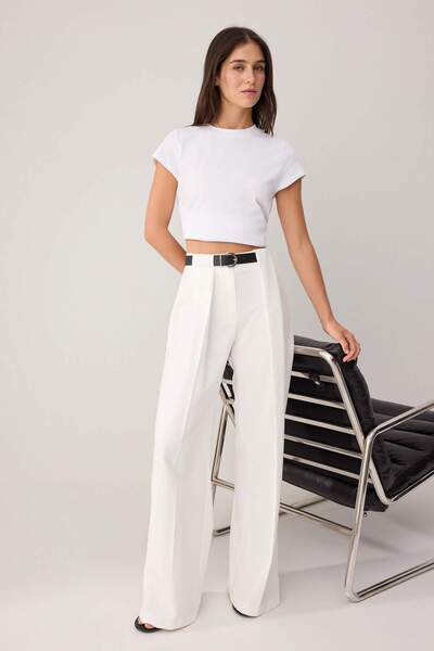 Trendyol Collection White Belted Wide Leg Pants Twoss26Pl00209