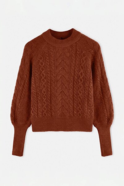 Trendyol Collection Tan Soft Textured Hair Braided Knitwear Sweater Twoaw21Kz...