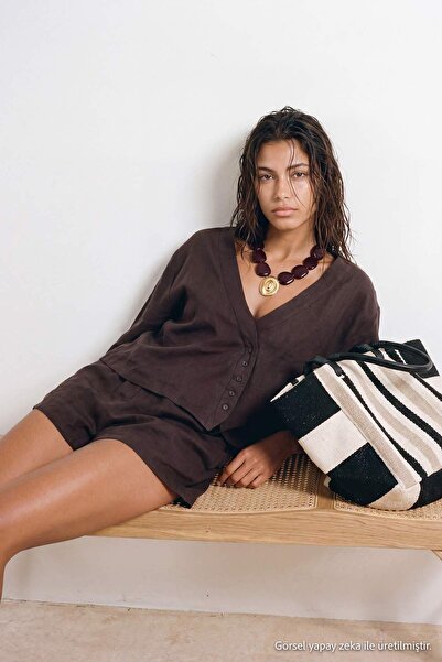 Trendyol Collection Brown Woven Super Mini Beach Shirt Shorts Set Tbess26Au00038