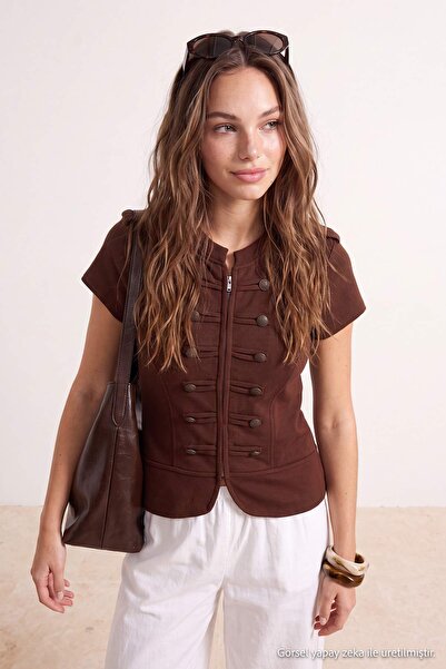 Trendyol Collection بلوزة تريكو مزينة بأزرار نابليون باللون البني TWOSS26BZ01104