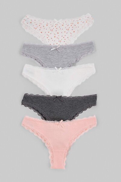Trendyol Collection Grey-Multicolor 5-Piece Single Jersey Brazilian Plain Bra...
