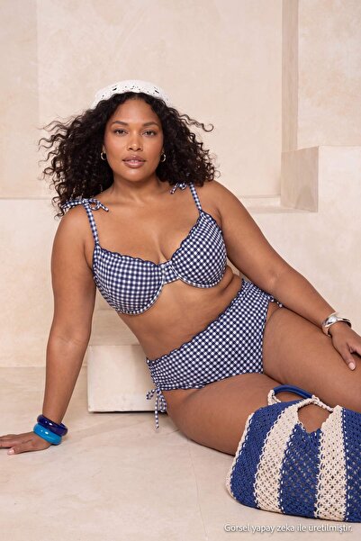 Trendyol Curve Top de bikini cu model în carouri bleumarin, cu textură și det...