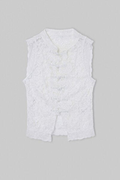 Drop by TrendyolMilla White Button Detailed Lace Judge Collar Blouse Tdrss26B...