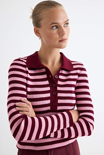 Trendyol Collection سترة تريكو مخططة أساسية ذات ياقة بولو باللون الأحمر الداك...