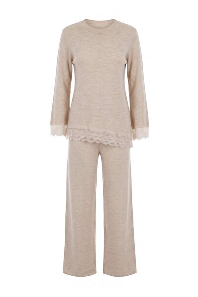 Trendyol Modest Beige Regular Voile Plain Knitwear Hijab Bottom - Top Set Tct...