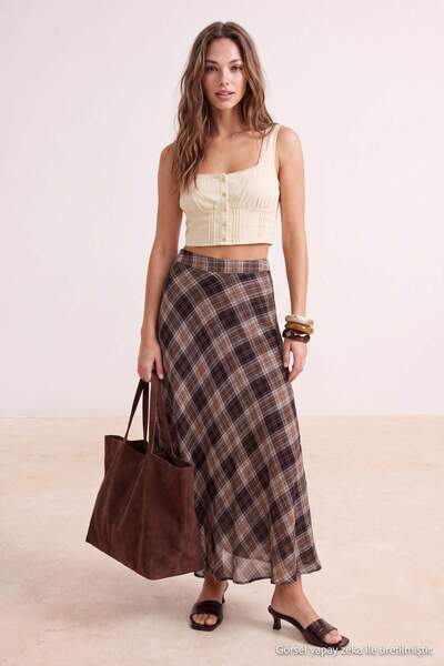 Trendyol Collection Brown Plaid 100% Cotton Lined Long Maxi Skirt Twoss26Et00187
