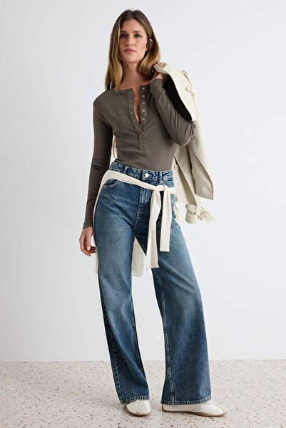 Trendyol Collection بنطلون جينز أزرق داكن 100% قطن بخصر عالٍ وواسع الساقين لل...