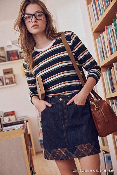 Trendyol Collection Navy Blue Striped Regular Crew Neck Long Regular Combed C...