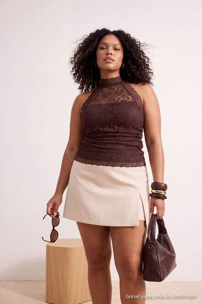 Trendyol Curve Dark Brown Lace Half Lined Halter Neck Party Plus Size Blouse ...