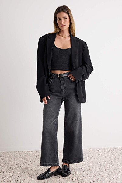 Trendyol Collection Blugi culotte negri, cu talie înaltă, flexibili, lungime ...